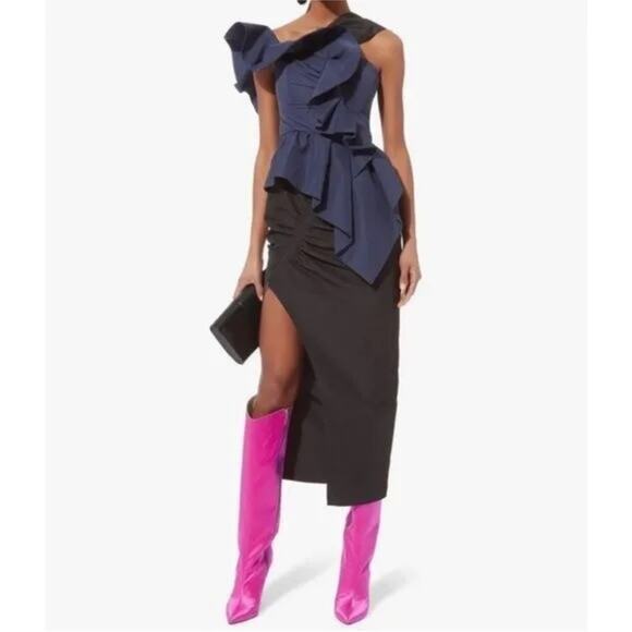Self-Portrait Size 4 Navy Blue Black Asymmetrical Ruffle Midi Dress $580 - Picture 1 of 6